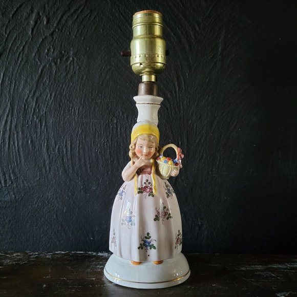 Vtg Small Porcelain Figural Lamp of Little Girl, Table Lamp, Accent Lamp, German - Picture 1 of 9